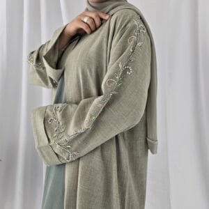 Linen Abaya Kimono verte perlée - Mode féminine chez RehamStore.fr