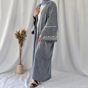Linen abaya kimono grise à franges et manches perlées