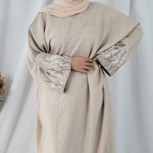 Linen abaya beige à manches brodées