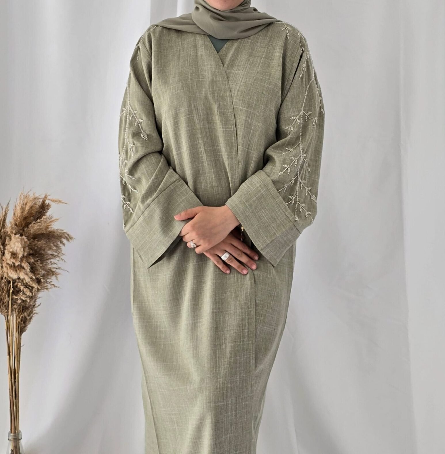 Linen abaya kimono verte – Image 3