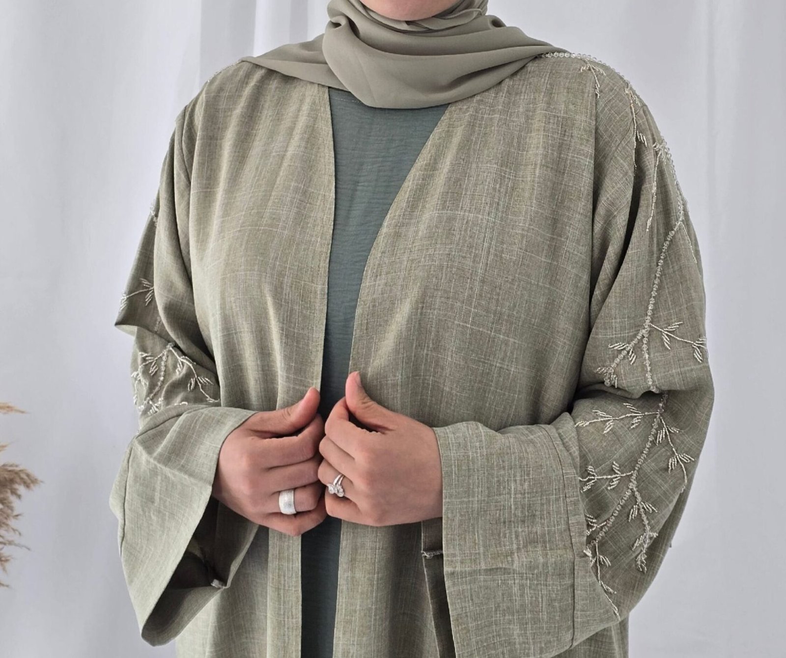 Linen abaya kimono verte – Image 4