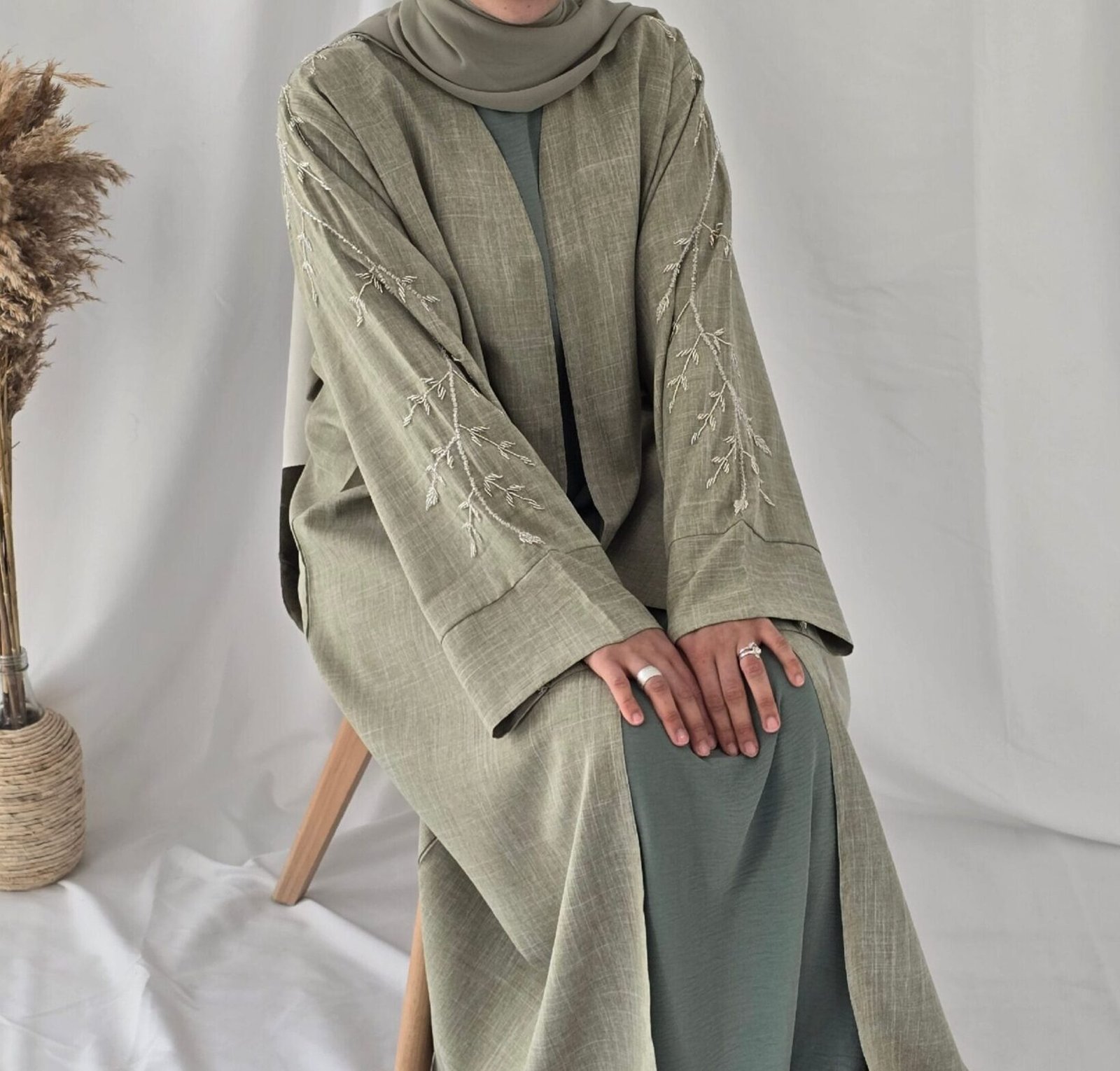 Linen abaya kimono verte – Image 2