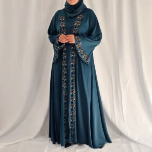 Abaya cloche verte canard à strass et perles